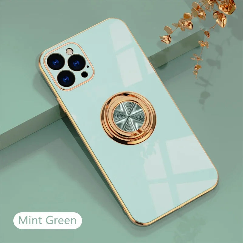 Luxury Plating Silicone Case For iPhone 16 15 14 13 12 11 Pro Xs Max Mini SE XR 8 Metal Ring Holder Stand Shockproof Soft Cover - iBrightCS