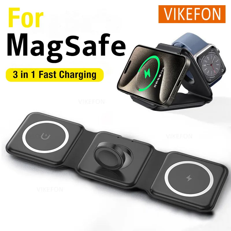 3 in 1 Magnetic Wireless Charger Dock Stand for MagSafe iPhone 16 15 14 13 12 Pro Max Apple Watch 10 9 8 7 AirPods Fast Charging - iBrightCS
