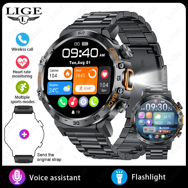 LIGE 2024 Smart Watch Men 360*360 AMOLED HD Screen Waterproof Sport Fitness Watches Flashlight New Men Smartwatch For Andrio IOS