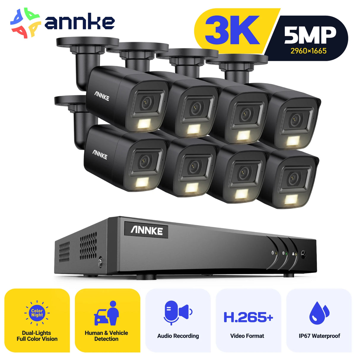 ANNKE H.265+ 5MP Security Camera System 8CH 5 IN1 DVR With 4/8 PCS 3K Analog Camera color Night Vision CCTV Camera System Kit