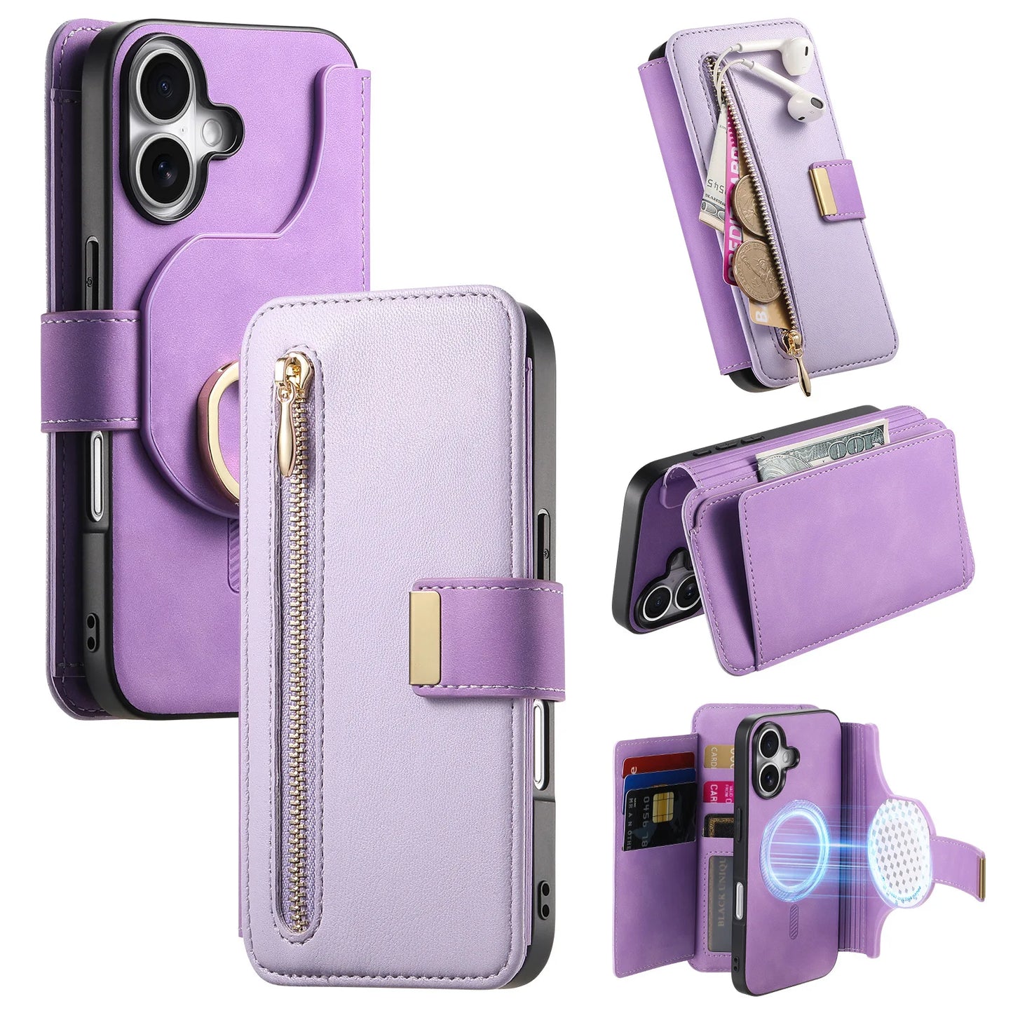 2 in 1 Zipper Wallet Case - iPhone 11 12 13 15 Pro Max 14 Plus & XS XR 8