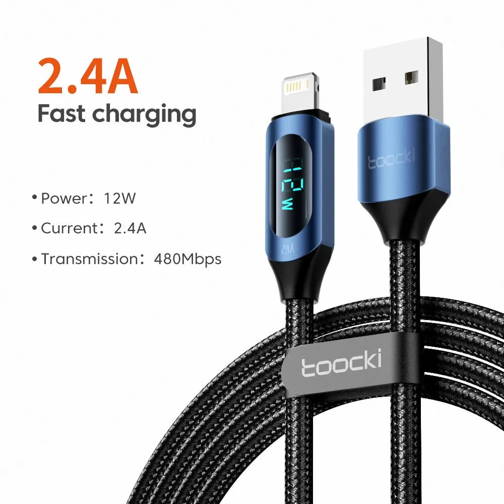 LED Display USB Cable For iPhone 14 13 12 11 Pro Max Fast Charger Charging Lightning 2.4A USB Wire Cord X XR 8 7 1m 2m