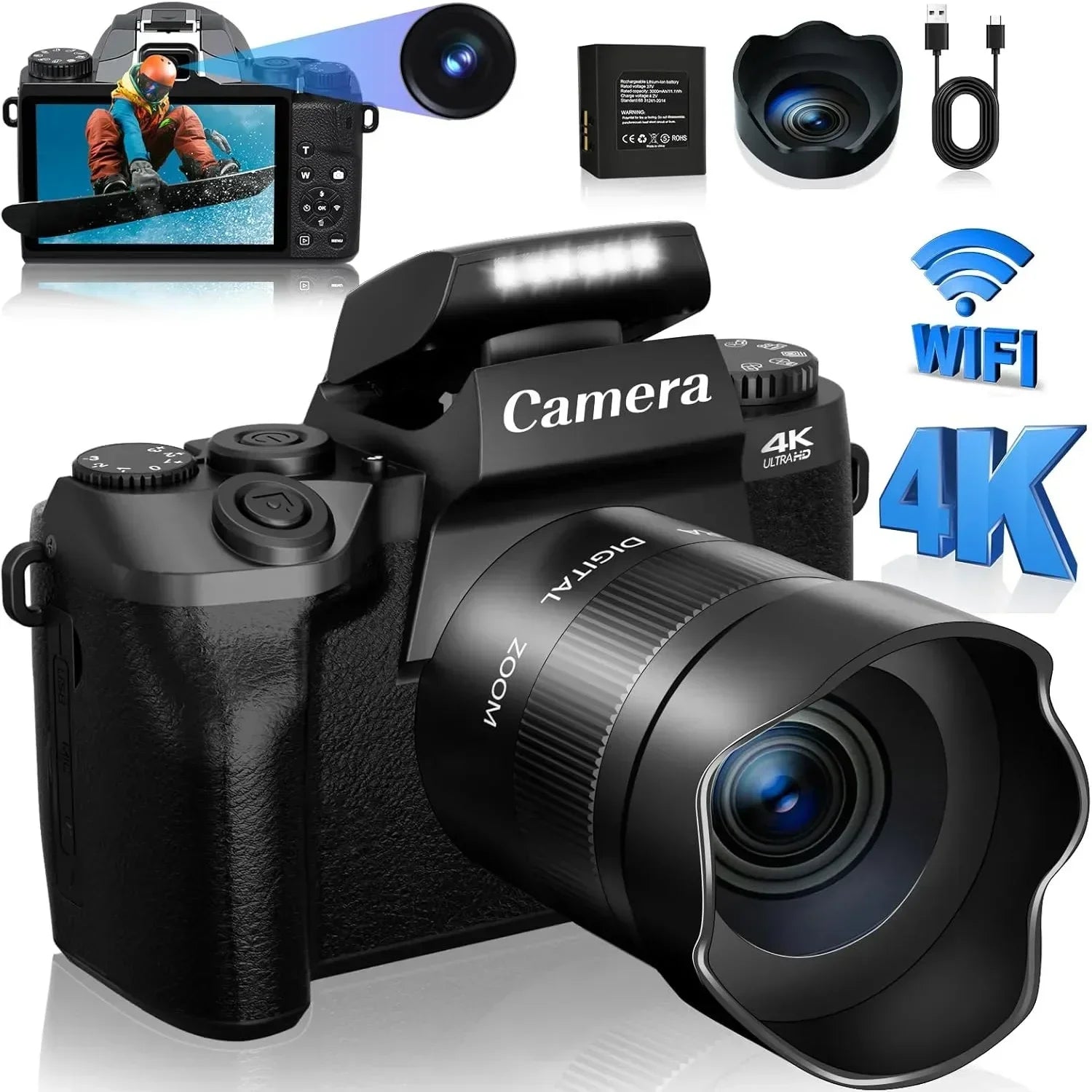 4K DSLR Cameras for Photography 64MP WiFi Auto Focus YouTube Vlogging Video Cameras 60FPS Livestream Camcorder 4" Touch Screen - iBrightCS