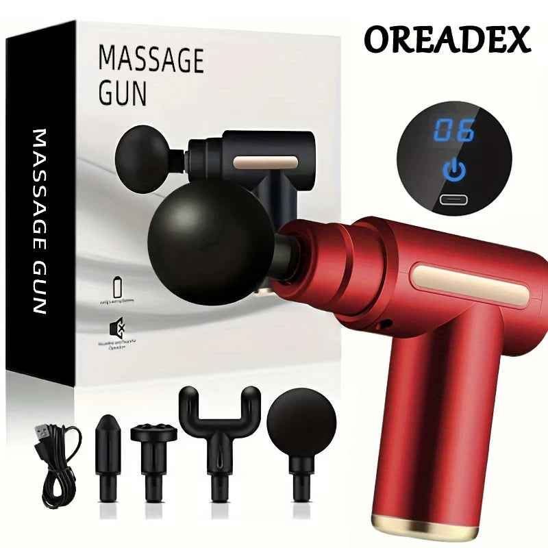 Portable Fascia Massage Gun Deep Tissue Massager Body Muscle Relaxation with LED Touch Screen 4 Replaceable Massage Heads