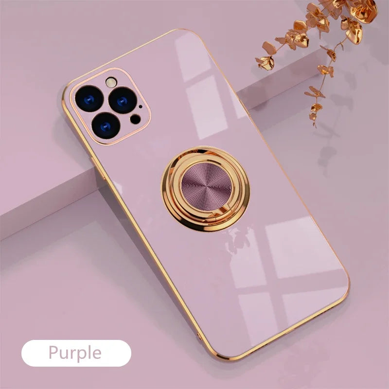 Luxury Plating Silicone Case For iPhone 16 15 14 13 12 11 Pro Xs Max Mini SE XR 8 Metal Ring Holder Stand Shockproof Soft Cover - iBrightCS