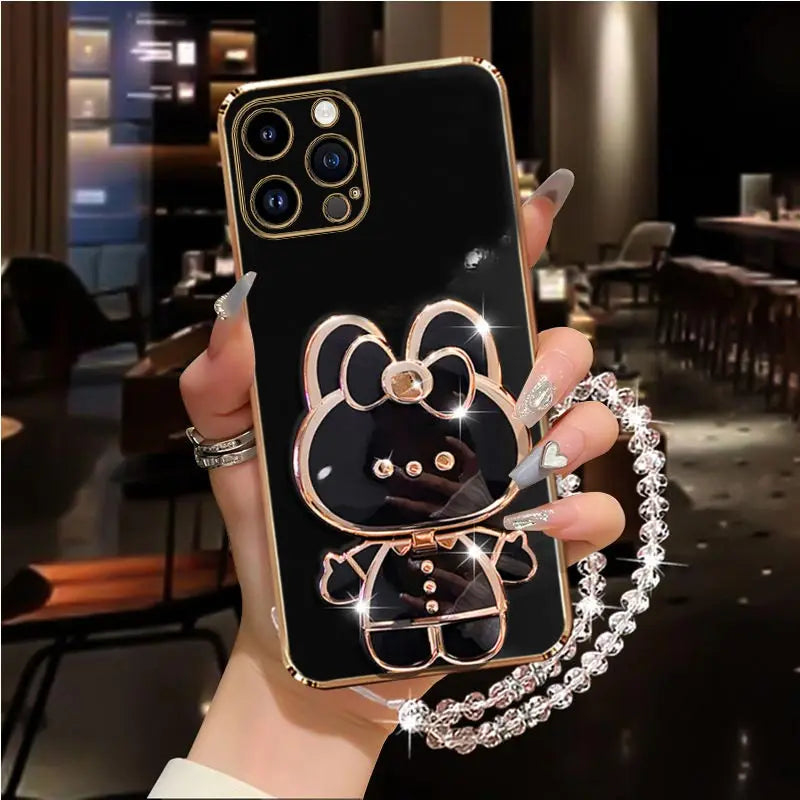 Diamond Strap Mirror Rabbit Phone Holder On Case For iPhone 15 14 13 12 11 Xs Pro Max Mini X XR Apple 6 6s 7 8 Plus Stand Cover - iBrightCS