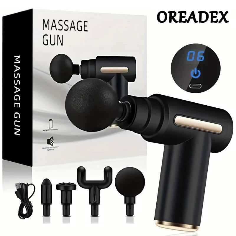 Portable Fascia Massage Gun Deep Tissue Massager Body Muscle Relaxation with LED Touch Screen 4 Replaceable Massage Heads