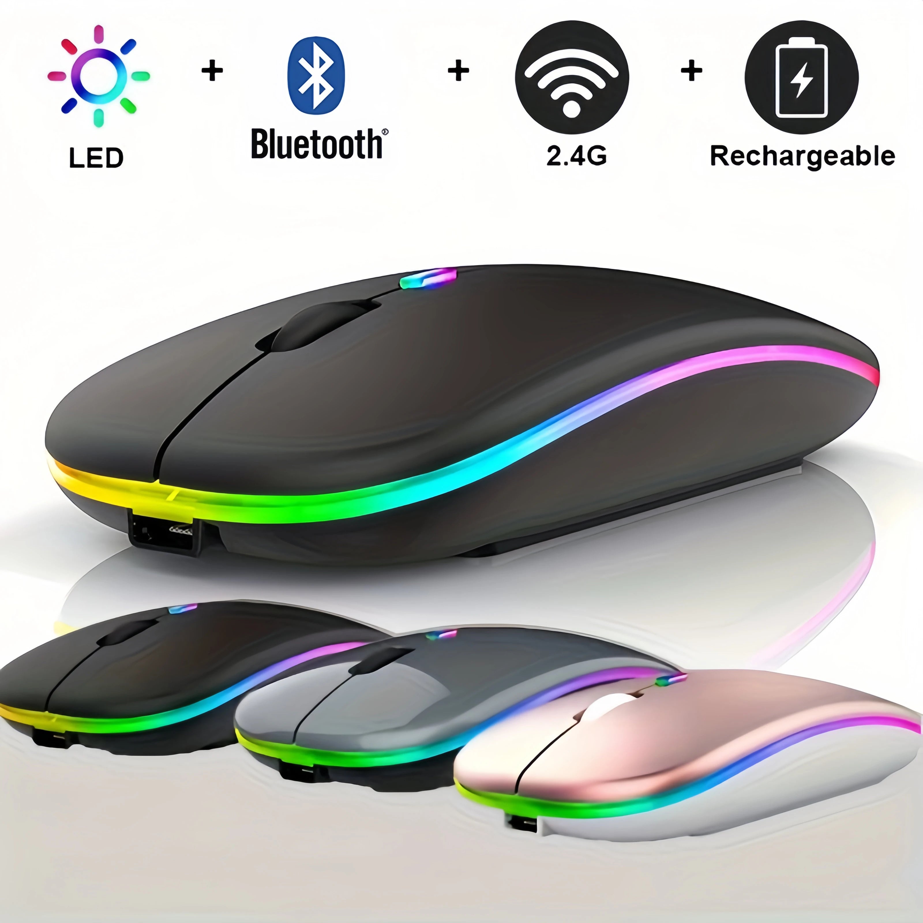 Wireless Mouse Bluetooth and 2.4GHz Dual Modes Rechargeable RGB Ergonomic Silent Click for PC iPad Laptop Cell Phone TV - iBrightCS