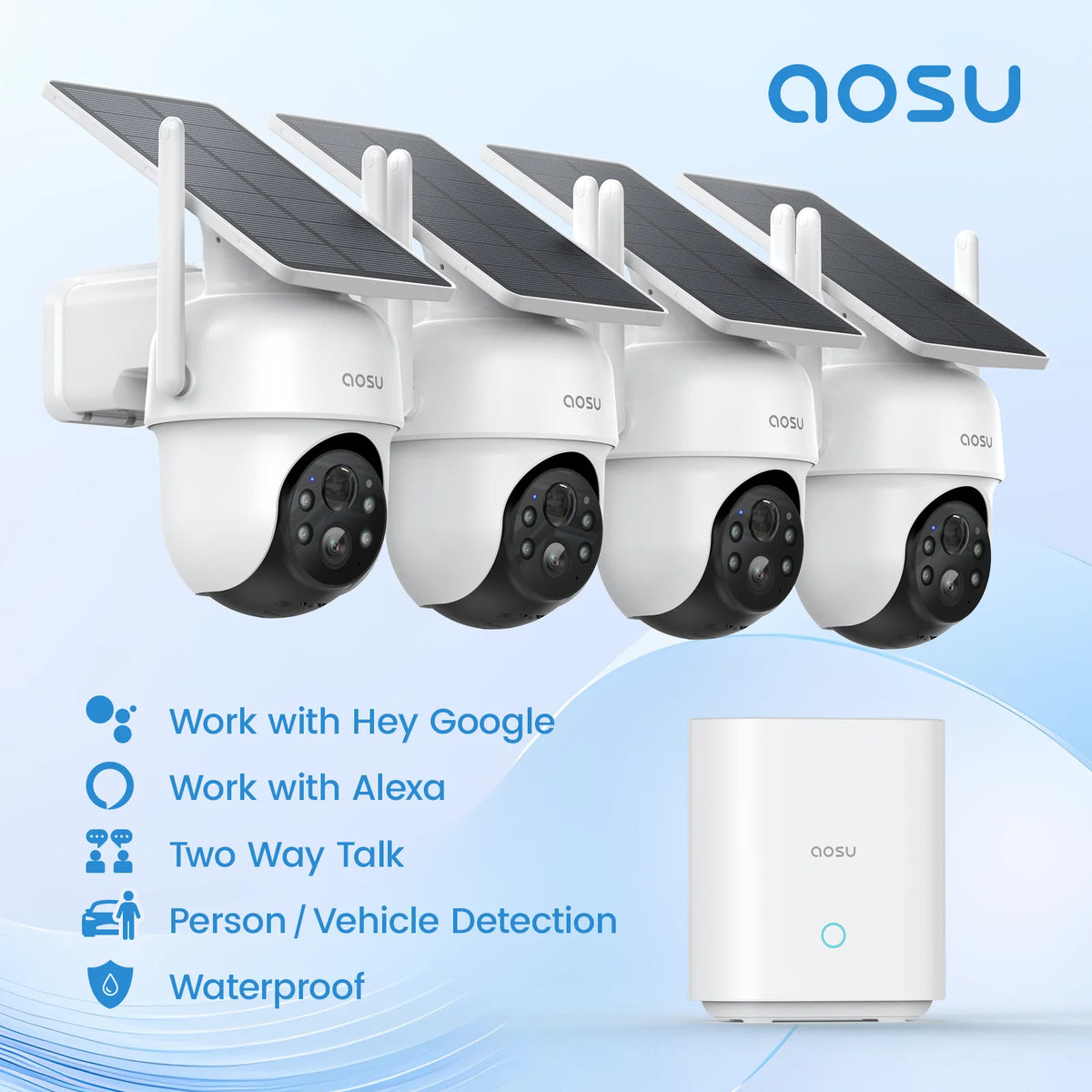 Renewed AOSU Wireless 4 Cams Kit Solar Camera System 5000mAh Battery 360° View PTZ Cameras with Solar Panel Wifi Camera Set