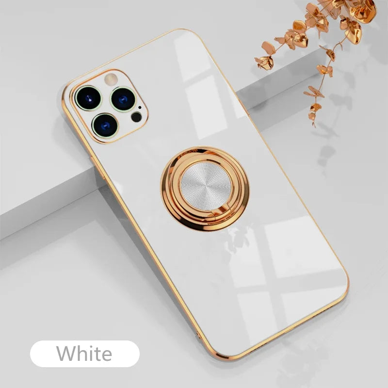 Luxury Plating Silicone Case For iPhone 16 15 14 13 12 11 Pro Xs Max Mini SE XR 8 Metal Ring Holder Stand Shockproof Soft Cover - iBrightCS