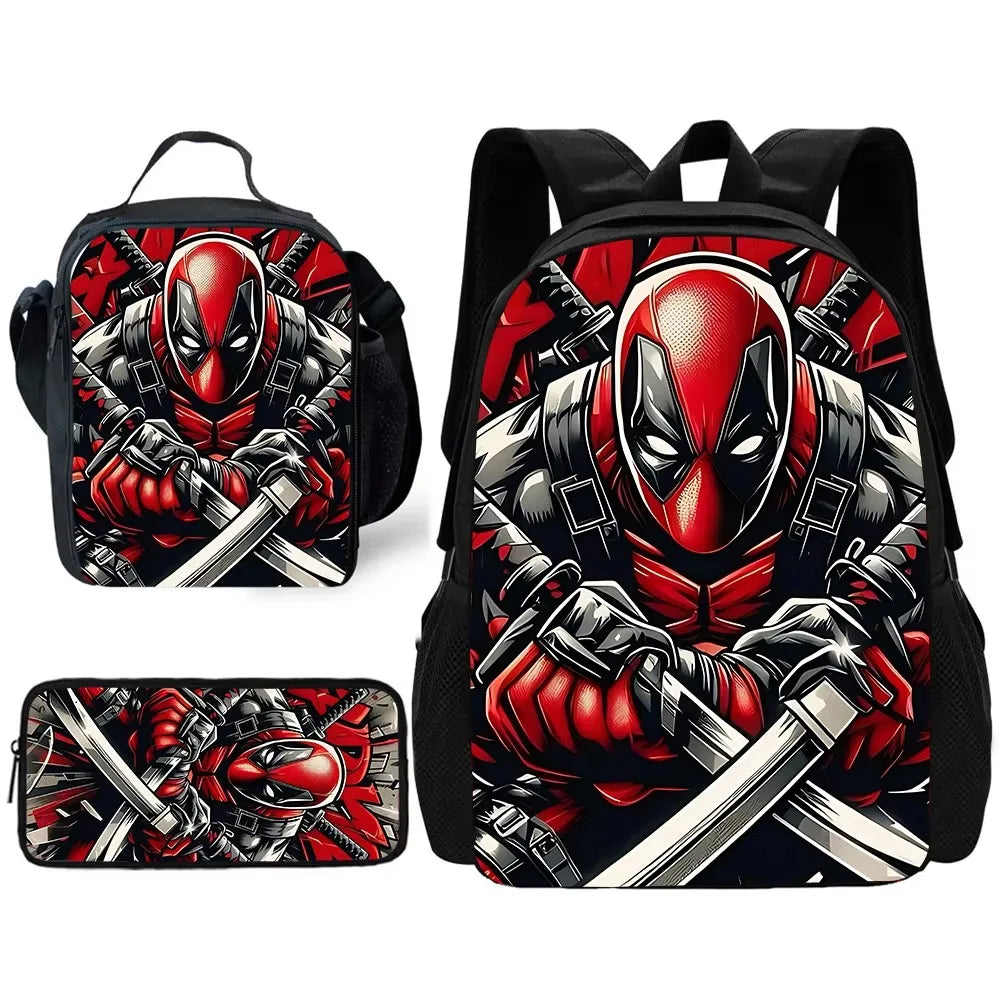 3 pcs set Deadpools Super Heroes Child School Backpack with Lunch Bags ,Pencil Bags ,School Bags for Boys Girls Best Gift