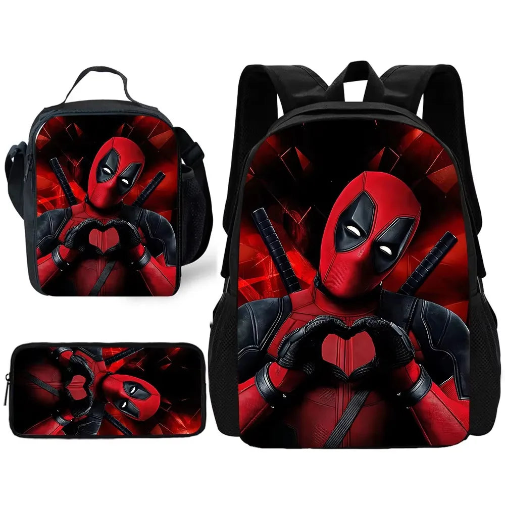 3 pcs set Deadpools Super Heroes Child School Backpack with Lunch Bags ,Pencil Bags ,School Bags for Boys Girls Best Gift