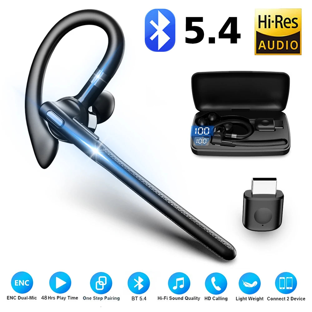 Wireless Bluetooth 5.4 Headset Ear-hook Single Ear Driving Headphone With Dual-Mic CVC8.0 Noise Cancelling Handsfree Earphones