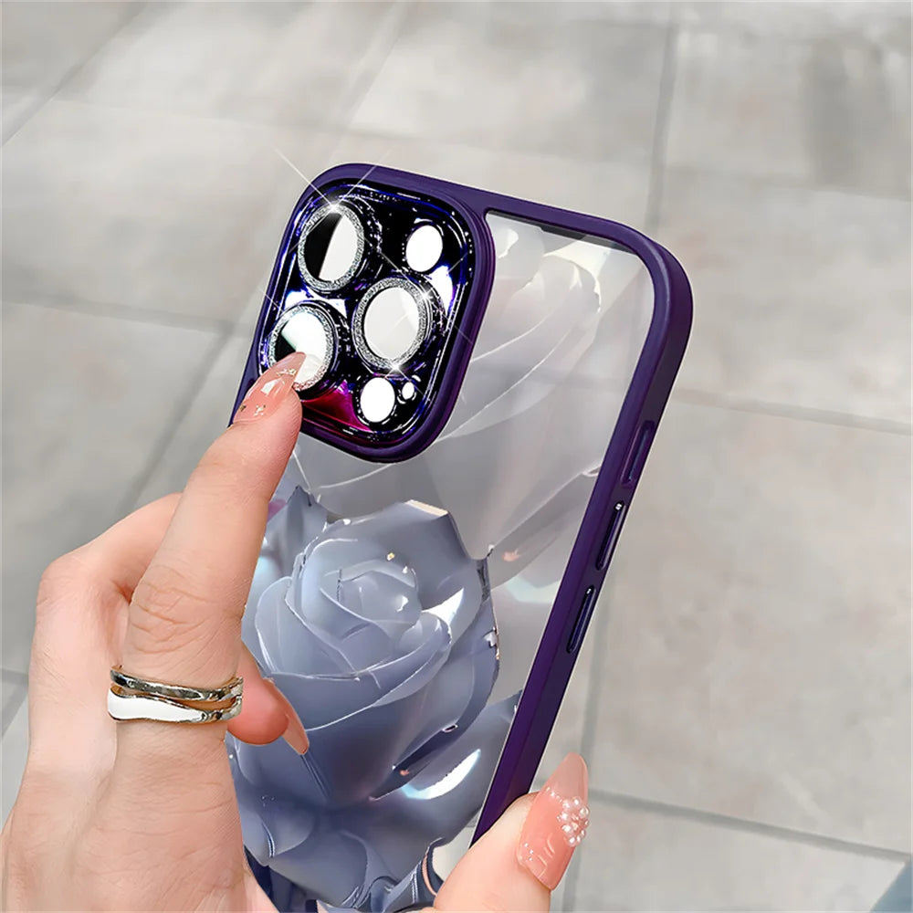 Crystal Rose Transparent Phone Case for iPhone 15 14 ProMax 13 12 11 Pro Max Plus Bling Lens Protection Plating Shockproof Cover