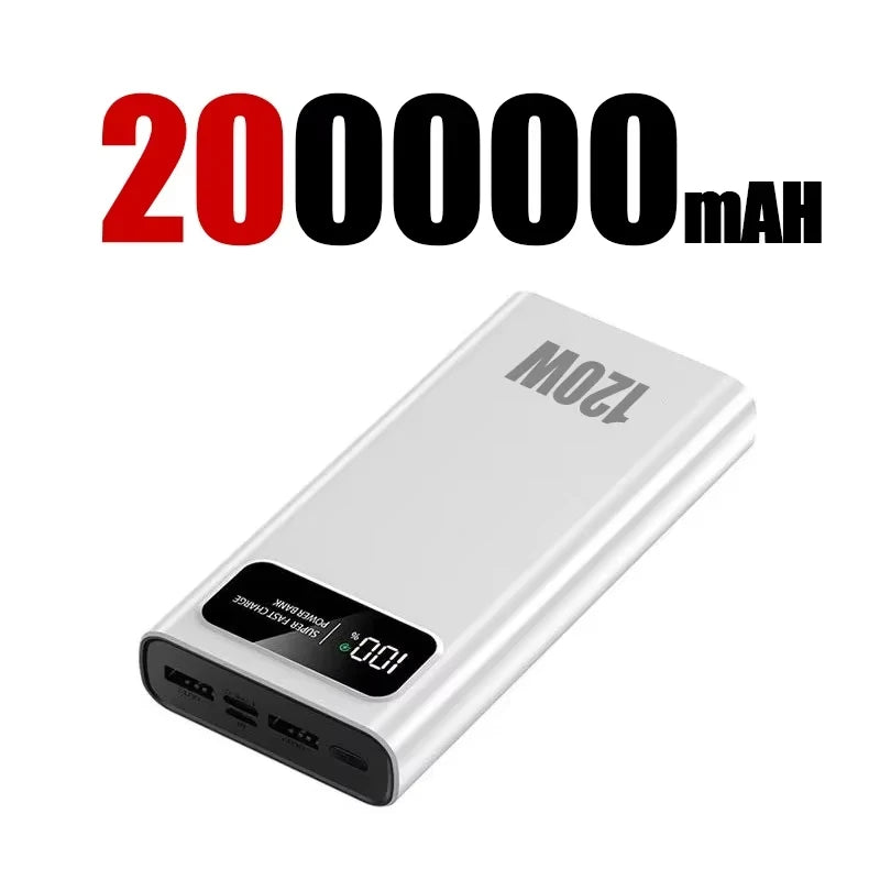 200000mAh Power Bank 120W Super Fast Charging Battery High Capacity Digital Display Power Bank For Iphone Samsung Xiaomi Huawei