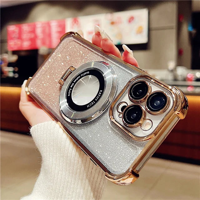 Luxury Plating Magsafe Magnetic Holder Stand Phone Case For iPhone 11 12 13 14 15 16 Pro Max Bumper Protector On 15 Plus Cover
