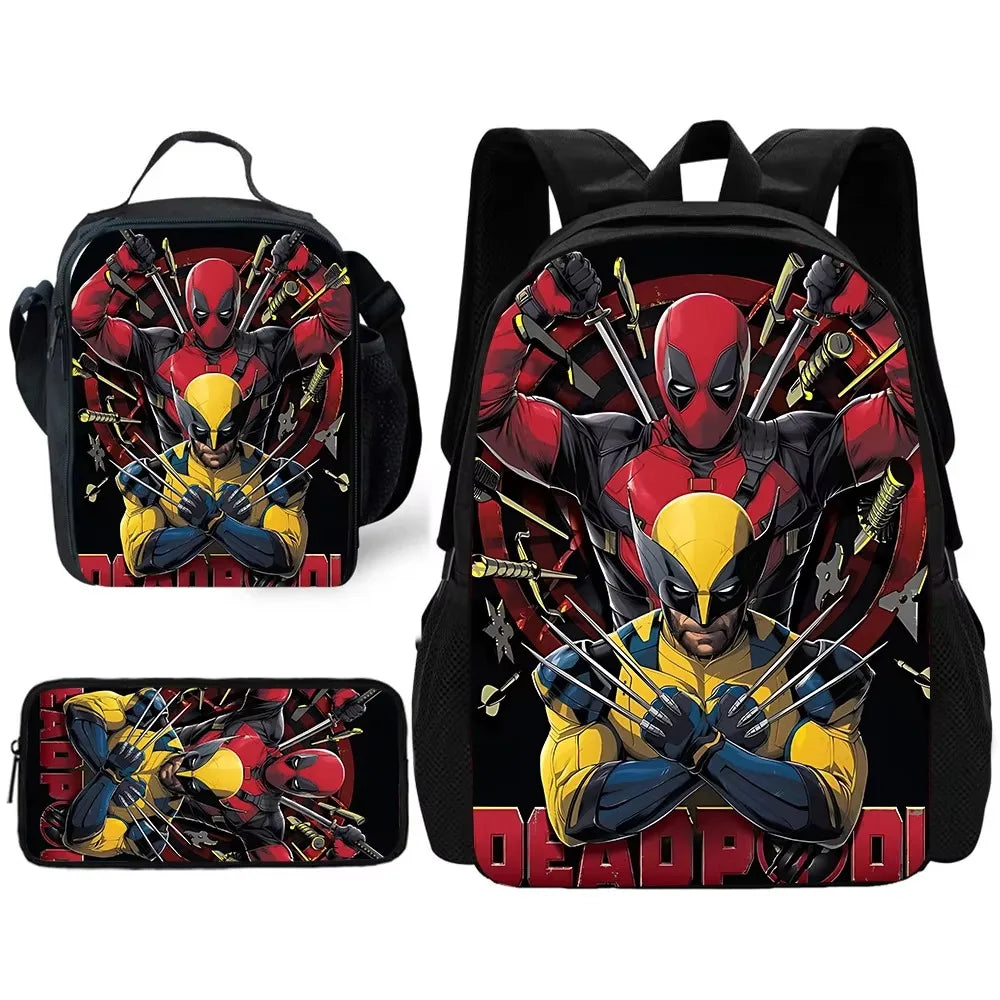 3 pcs set Deadpools Super Heroes Child School Backpack with Lunch Bags ,Pencil Bags ,School Bags for Boys Girls Best Gift