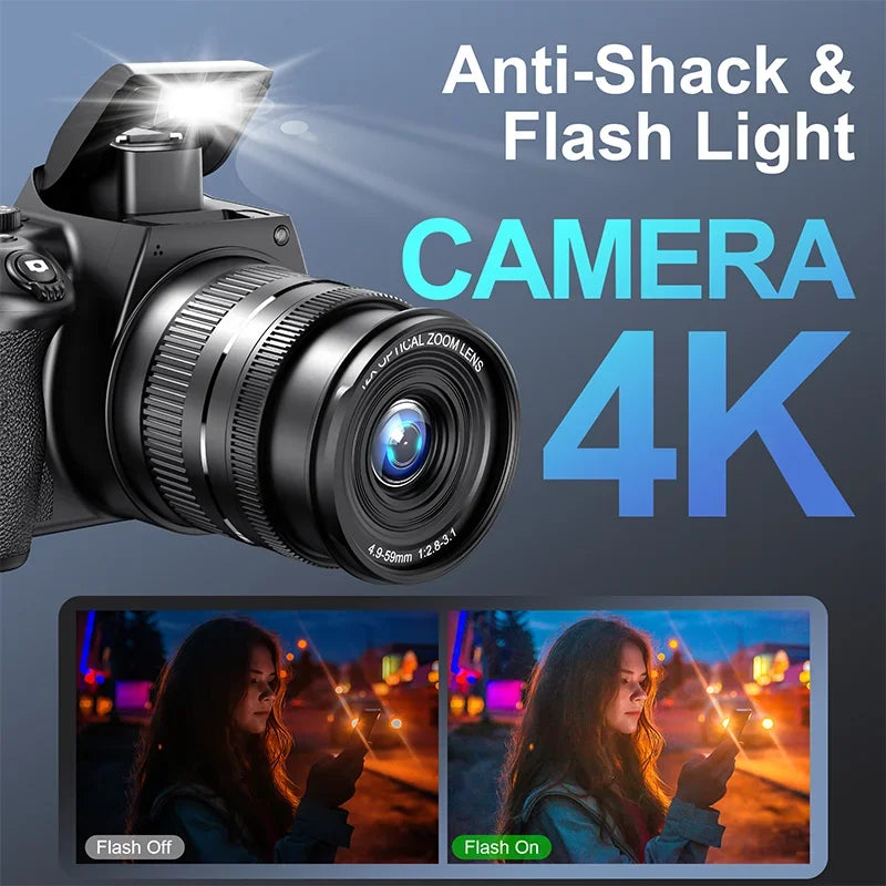 Digital Camera 4K 72MP 12X Optical Zoom UHD Professional photography Flash light Auto-Focus WIFI for Tiktok ins Youtube Webcast - iBrightCS