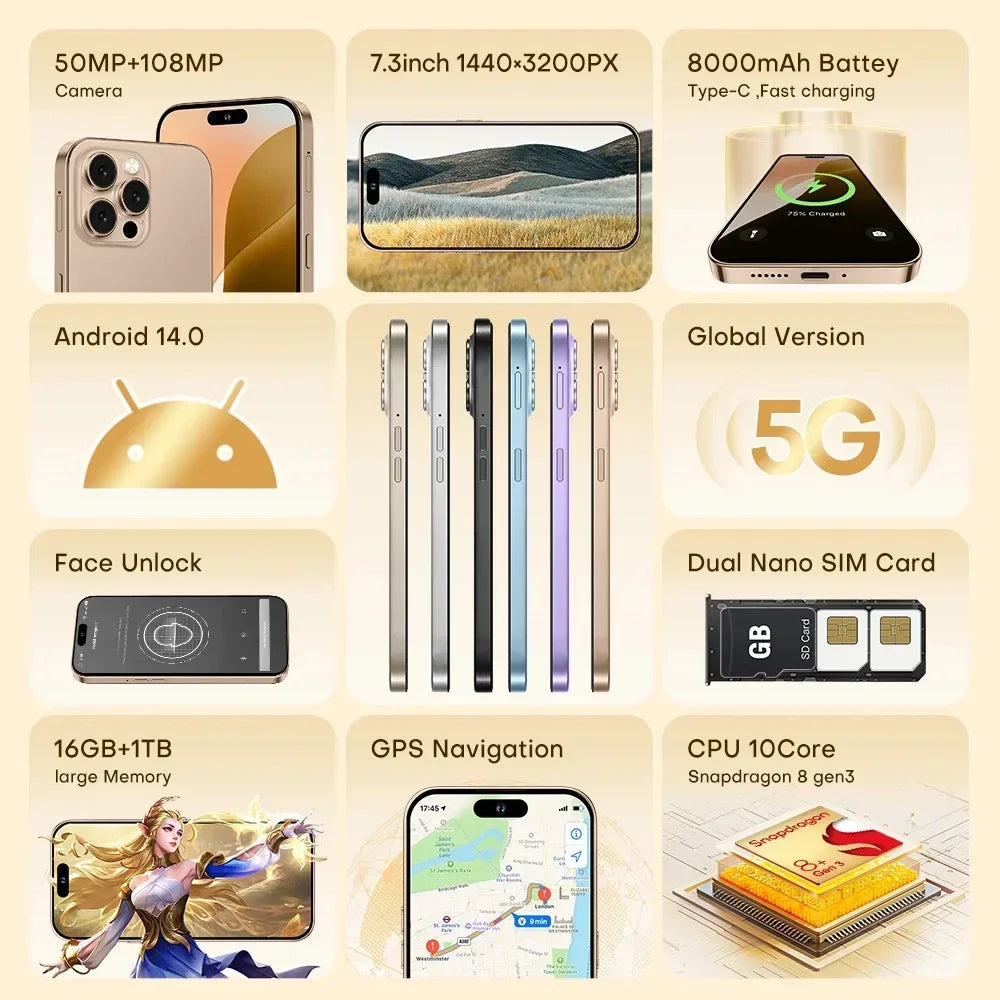 iB16 Max Mobile Smartphone 7.3 inch Full Screen 16GB+1TB 4G 5G Cell Phone 8000mAh  Global Version - iBrightCS