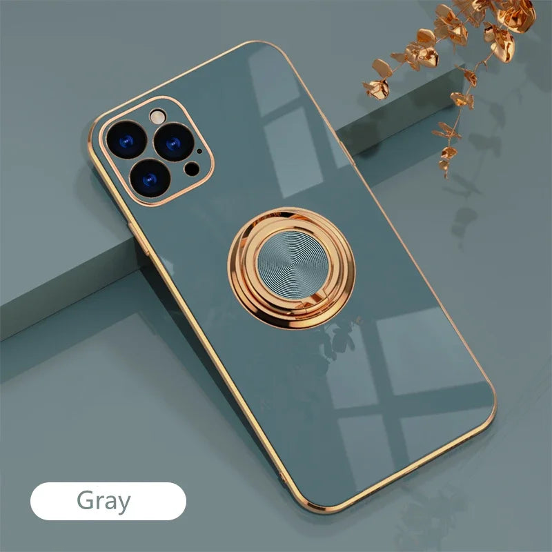 Luxury Plating Silicone Case For iPhone 16 15 14 13 12 11 Pro Xs Max Mini SE XR 8 Metal Ring Holder Stand Shockproof Soft Cover - iBrightCS