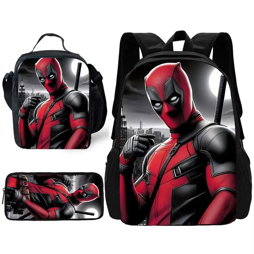3 pcs set Deadpools Super Heroes Child School Backpack with Lunch Bags ,Pencil Bags ,School Bags for Boys Girls Best Gift
