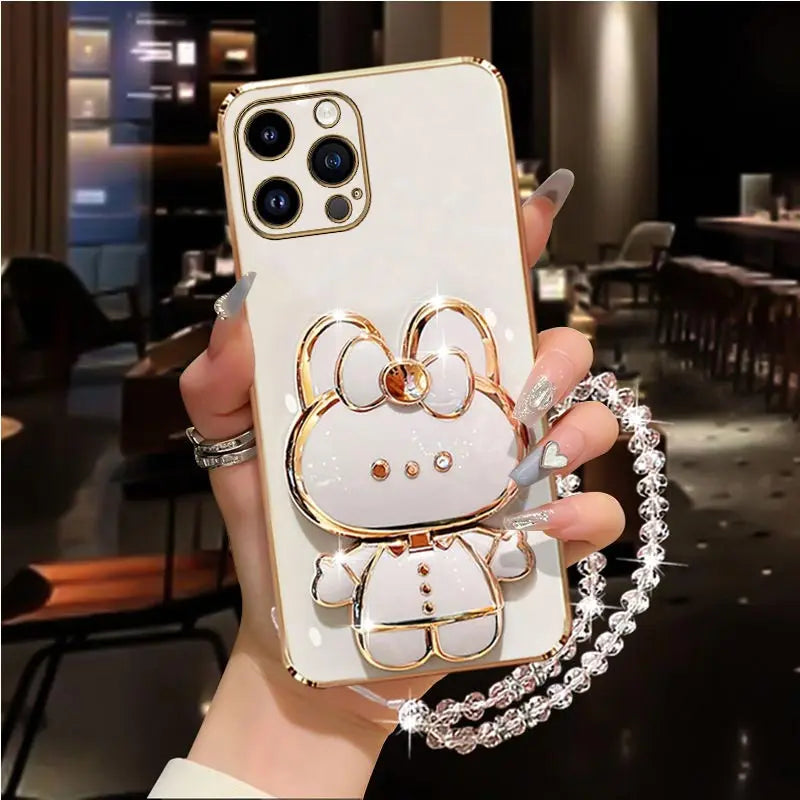 Diamond Strap Mirror Rabbit Phone Holder On Case For iPhone 15 14 13 12 11 Xs Pro Max Mini X XR Apple 6 6s 7 8 Plus Stand Cover - iBrightCS
