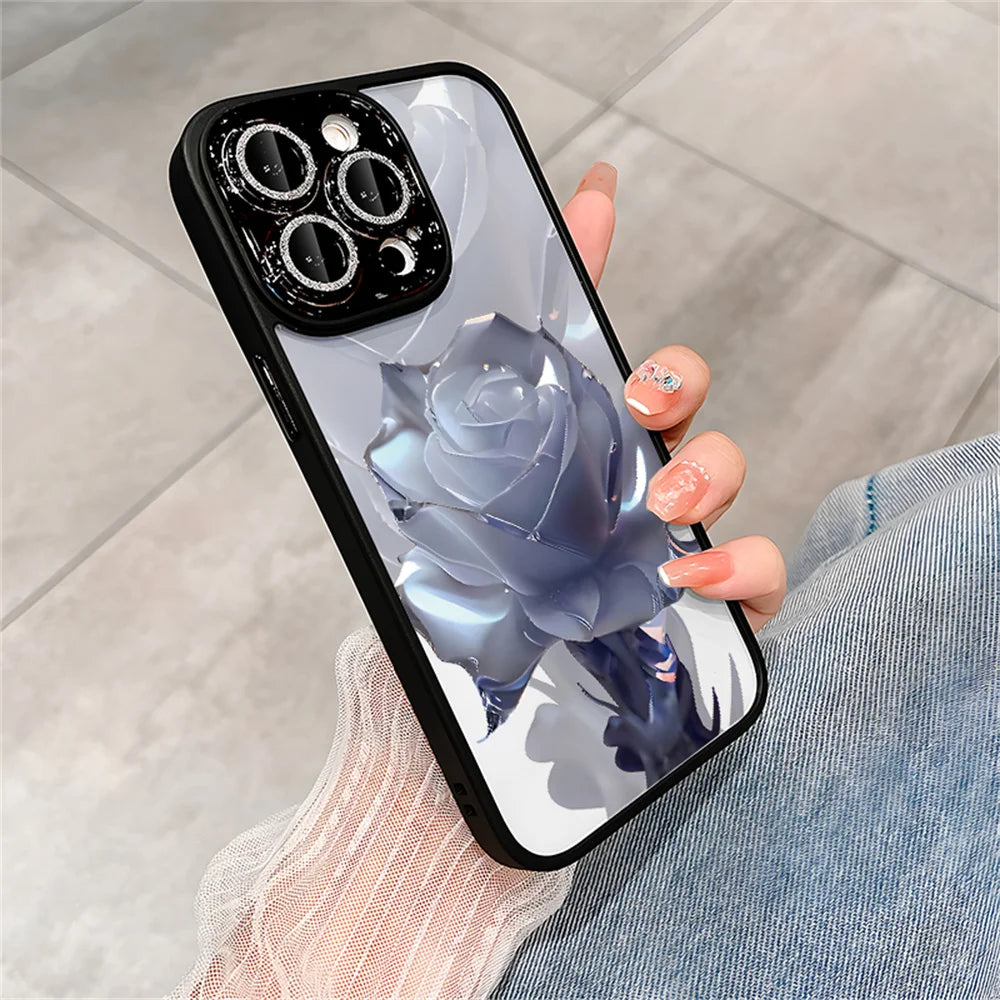 Crystal Rose Transparent Phone Case for iPhone 15 14 ProMax 13 12 11 Pro Max Plus Bling Lens Protection Plating Shockproof Cover