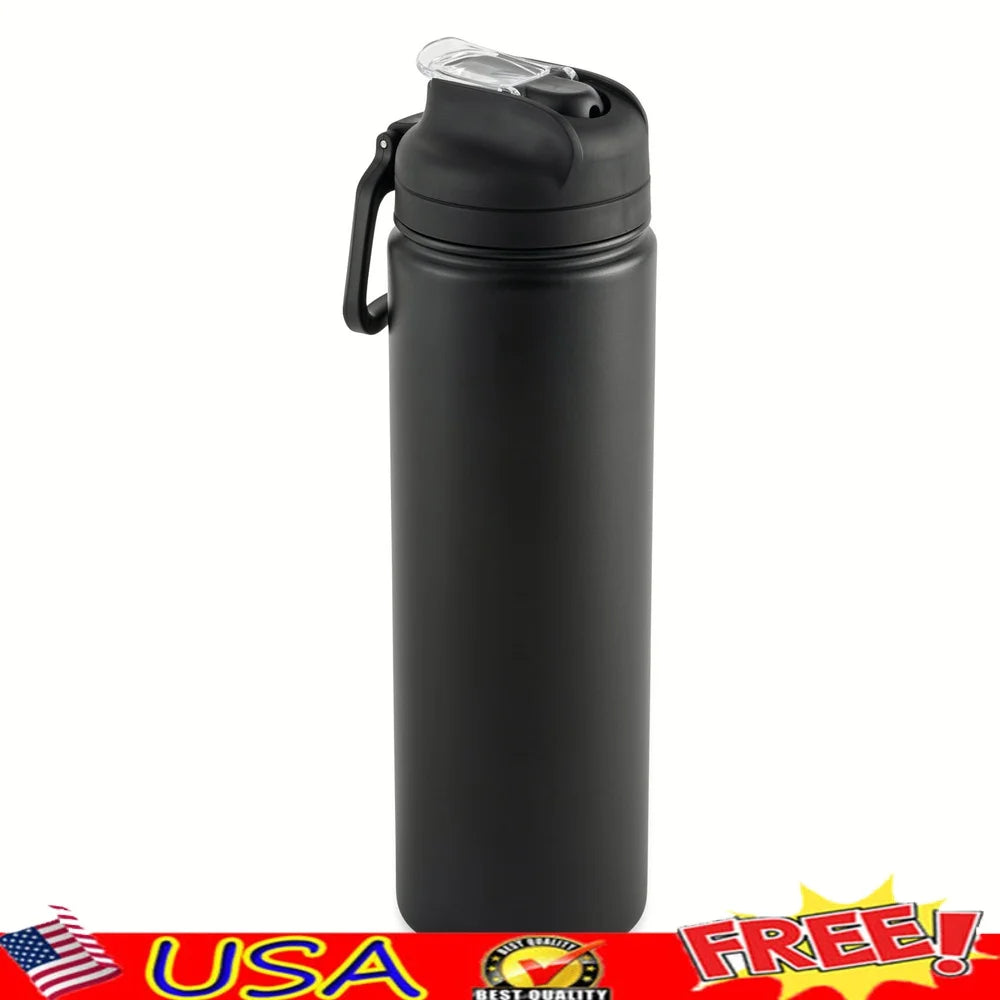 24 oz Insulated Stainless Steel Water Bottle Leakproof Travel Sports Bottle with Flip Top Straw Lid Durable Drinkware - iBrightCS