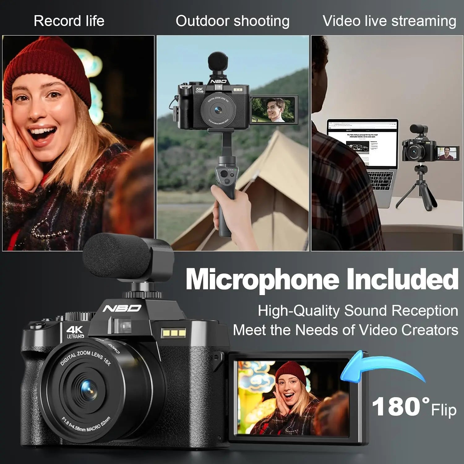 NBD 4K Digital Cameras for Photography,48MP Camera,Travel Vlogging Cameras with 16X Digital Zoom,180°Flip Screen,52mm Macro Lens - iBrightCS