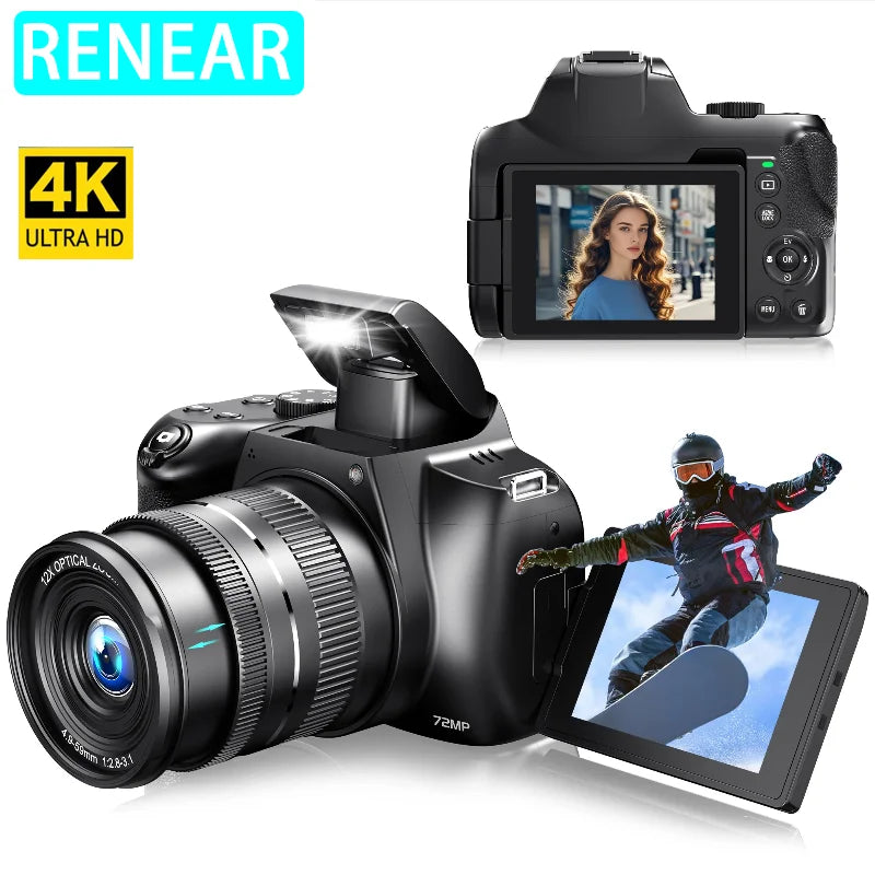 Digital Camera 4K 72MP 12X Optical Zoom UHD Professional photography Flash light Auto-Focus WIFI for Tiktok ins Youtube Webcast - iBrightCS