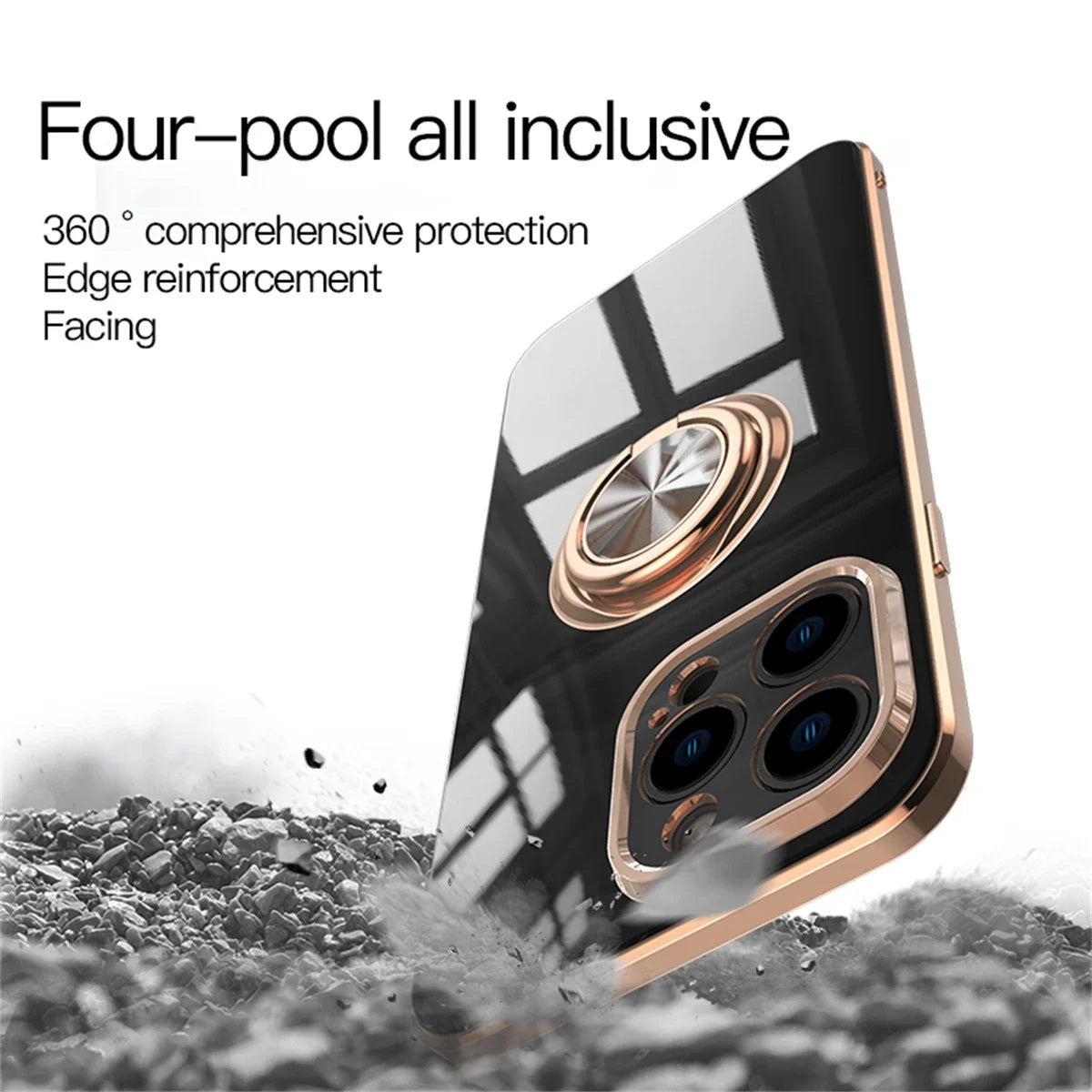 Luxury Plating Silicone Case For iPhone 16 15 14 13 12 11 Pro Xs Max Mini SE XR 8 Metal Ring Holder Stand Shockproof Soft Cover - iBrightCS