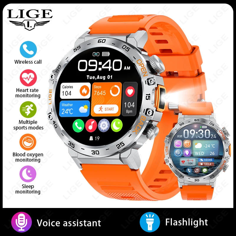 LIGE 2024 Smart Watch Men 360*360 AMOLED HD Screen Waterproof Sport Fitness Watches Flashlight New Men Smartwatch For Andrio IOS