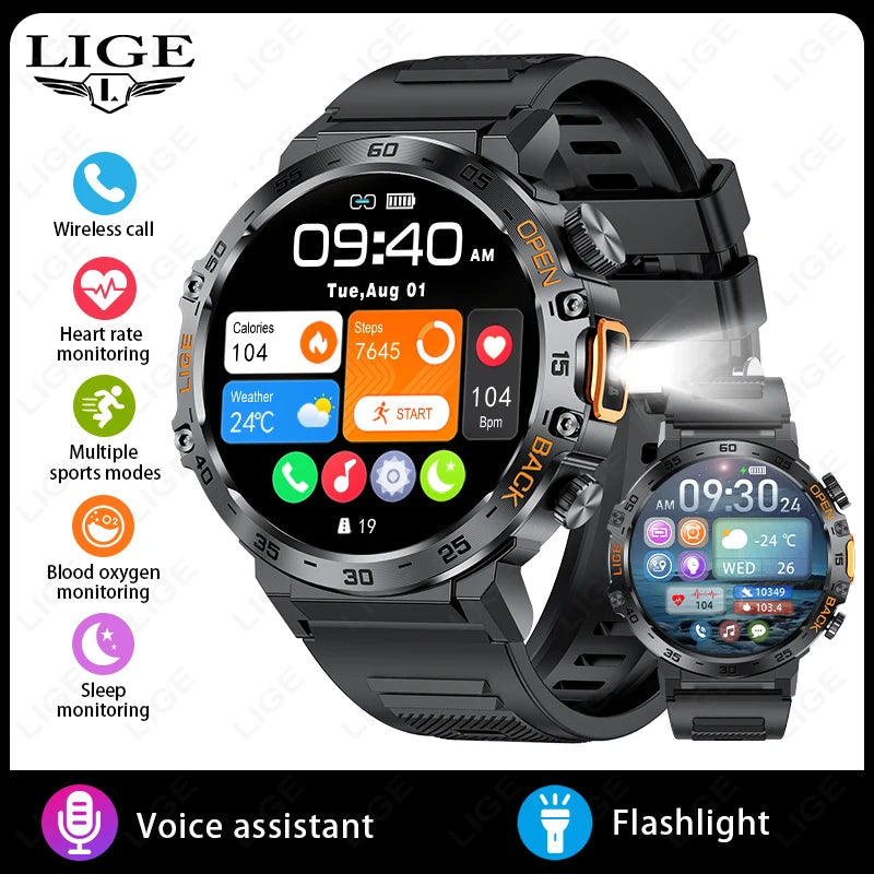 LIGE 2024 Smart Watch Men 360*360 AMOLED HD Screen Waterproof Sport Fitness Watches Flashlight New Men Smartwatch For Andrio IOS
