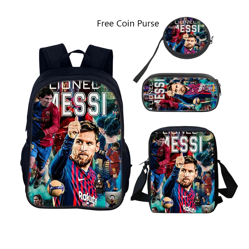 3 pcs set Football Star Child School Backpack with Lunch Bags Pencil Bags School Bags For M-Messis Boys Girls Best Gift