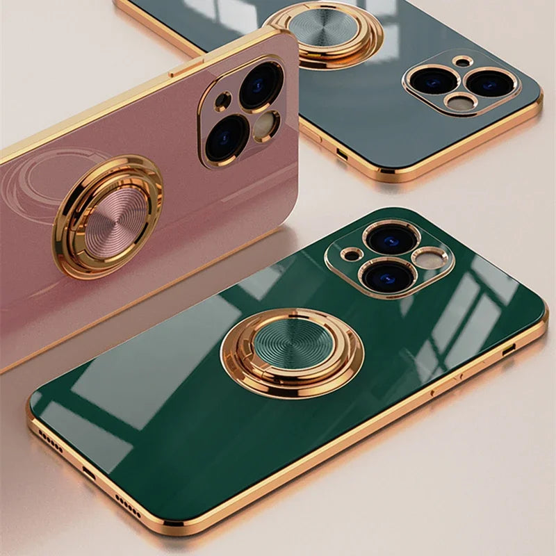 Luxury Plating Silicone Case For iPhone 16 15 14 13 12 11 Pro Xs Max Mini SE XR 8 Metal Ring Holder Stand Shockproof Soft Cover - iBrightCS