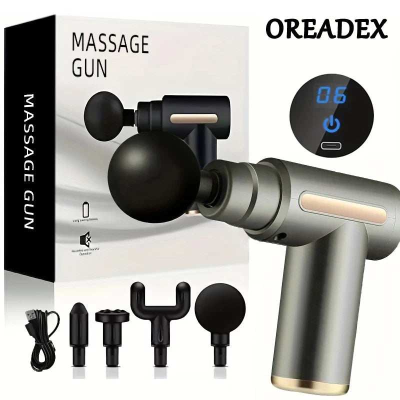 Portable Fascia Massage Gun Deep Tissue Massager Body Muscle Relaxation with LED Touch Screen 4 Replaceable Massage Heads