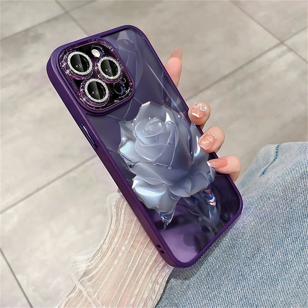 Crystal Rose Transparent Phone Case for iPhone 15 14 ProMax 13 12 11 Pro Max Plus Bling Lens Protection Plating Shockproof Cover