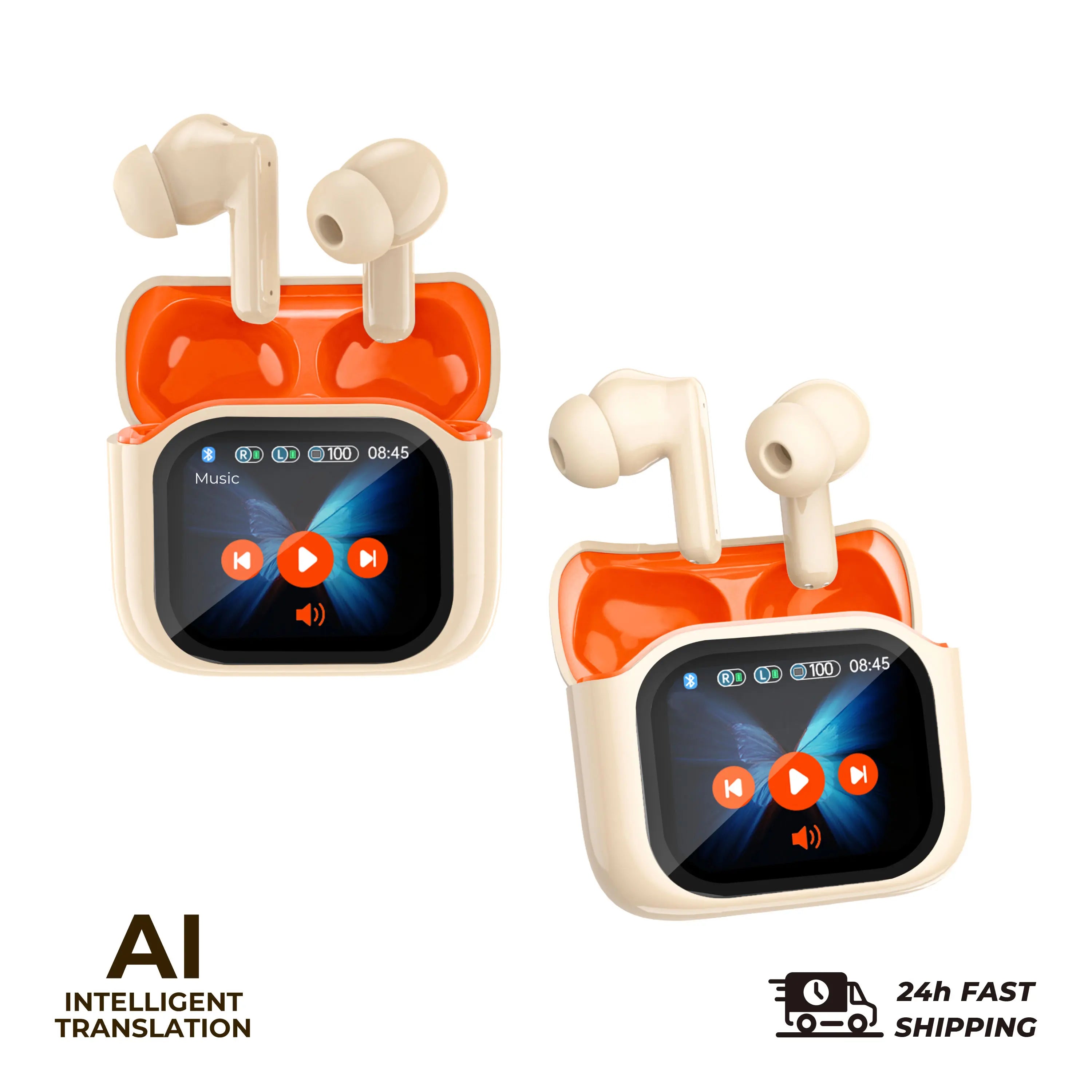2PCS Touch Screen Translation Headphones 144 Languages Two-Way Real Time Translator Headsets Travel Business Bluetooth Earbuds - iBrightCS