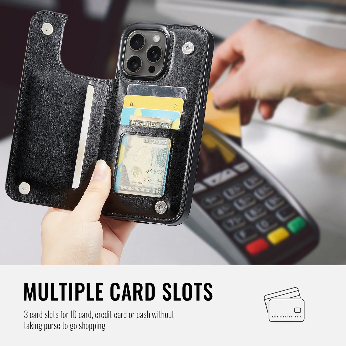 Leather Case Kickstand Card Holder - iPhone 16 15 14 13 12 11 Pro Max