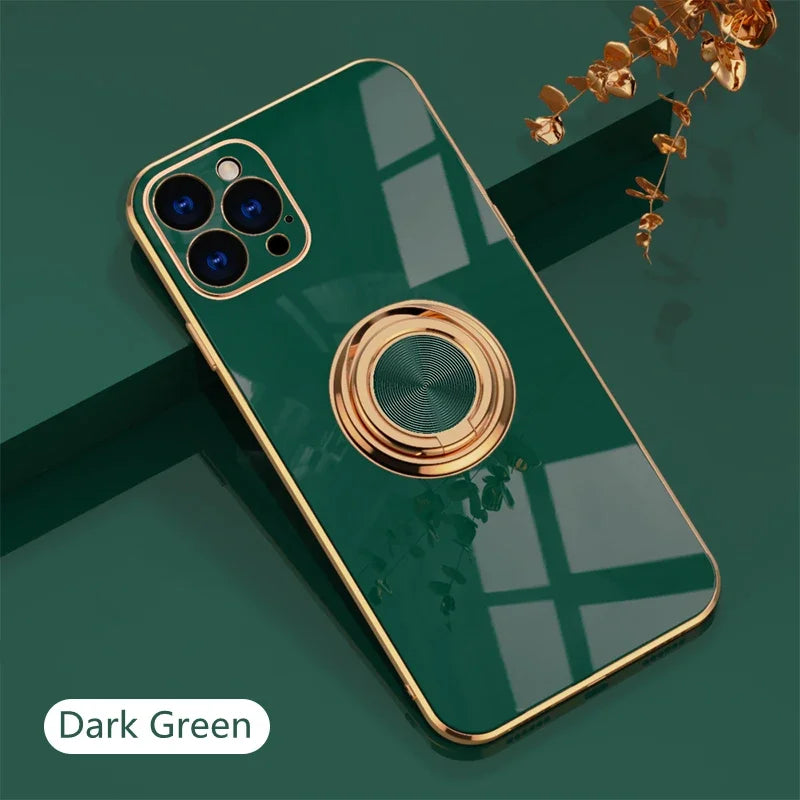 Luxury Plating Silicone Case For iPhone 16 15 14 13 12 11 Pro Xs Max Mini SE XR 8 Metal Ring Holder Stand Shockproof Soft Cover - iBrightCS