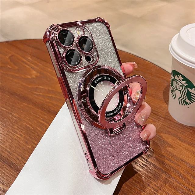 Luxury Plating Magsafe Magnetic Holder Stand Phone Case For iPhone 11 12 13 14 15 16 Pro Max Bumper Protector On 15 Plus Cover - iBrightCS