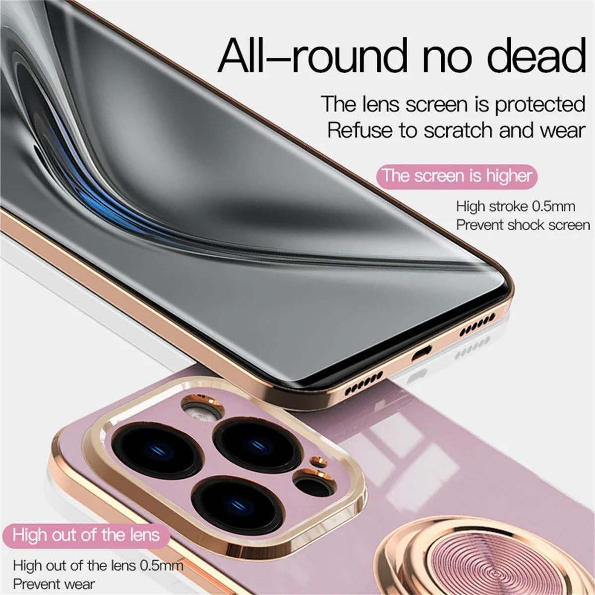 Luxury Plating Silicone Case For iPhone 16 15 14 13 12 11 Pro Xs Max Mini SE XR 8 Metal Ring Holder Stand Shockproof Soft Cover - iBrightCS