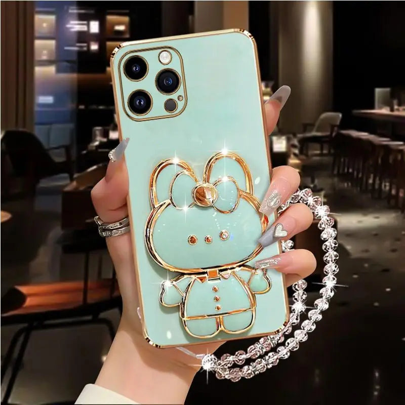 Diamond Strap Mirror Rabbit Phone Holder On Case For iPhone 15 14 13 12 11 Xs Pro Max Mini X XR Apple 6 6s 7 8 Plus Stand Cover - iBrightCS