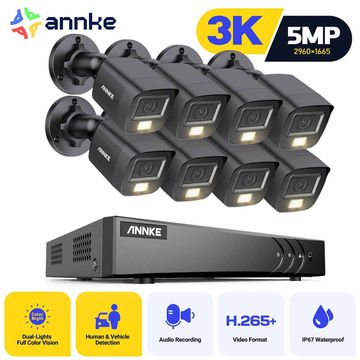 ANNKE H.265+ 5MP Security Camera System 8CH 5 IN1 DVR With 4/8 PCS 3K Analog Camera color Night Vision CCTV Camera System Kit