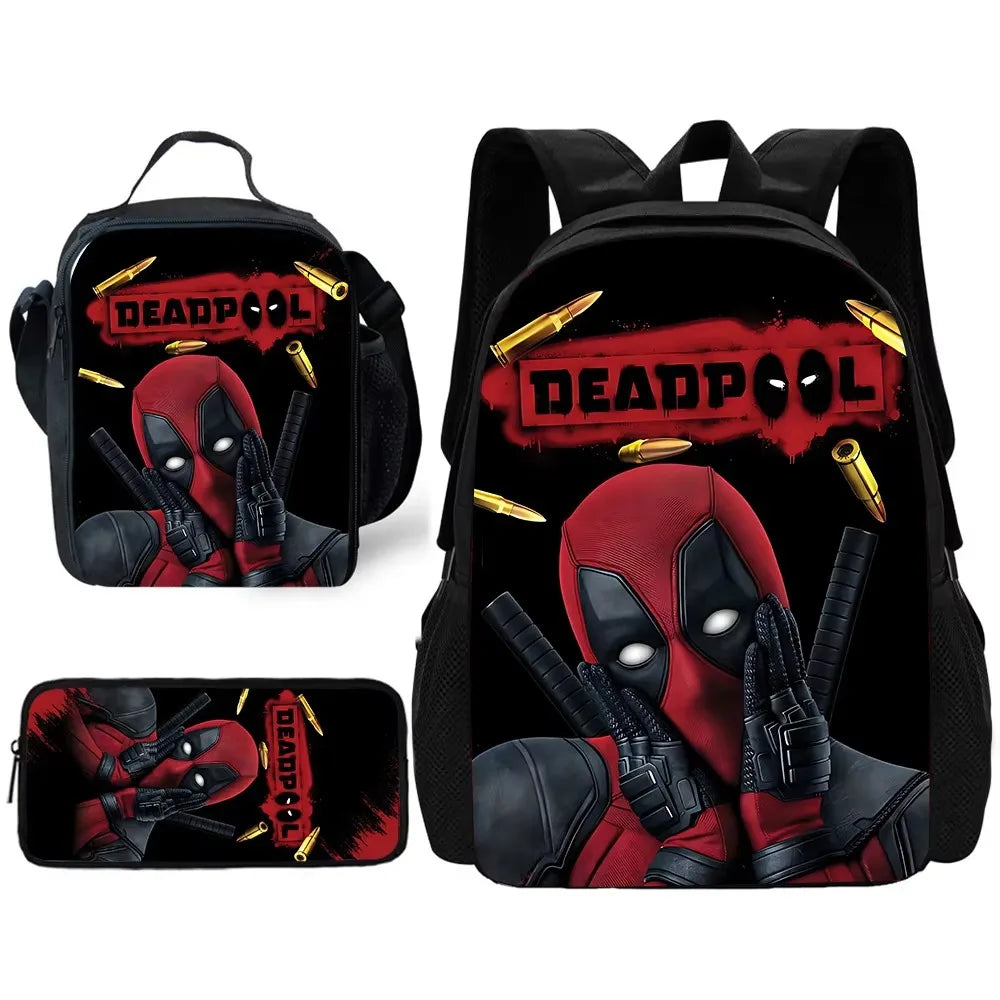 3 pcs set Deadpools Super Heroes Child School Backpack with Lunch Bags ,Pencil Bags ,School Bags for Boys Girls Best Gift
