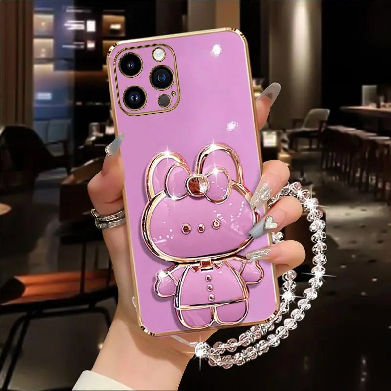 Diamond Strap Mirror Rabbit Phone Holder On Case For iPhone 15 14 13 12 11 Xs Pro Max Mini X XR Apple 6 6s 7 8 Plus Stand Cover - iBrightCS