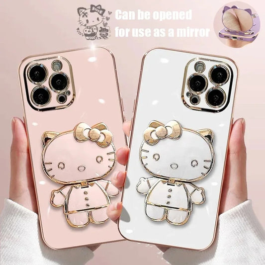 Luxury Hello Kitty Makeup Mirror Phone Case - iPhone 15 14 13 12 11 Pro Max Mini X XS XR 7 8 Plus SE 2020 Plating Bumper Cover