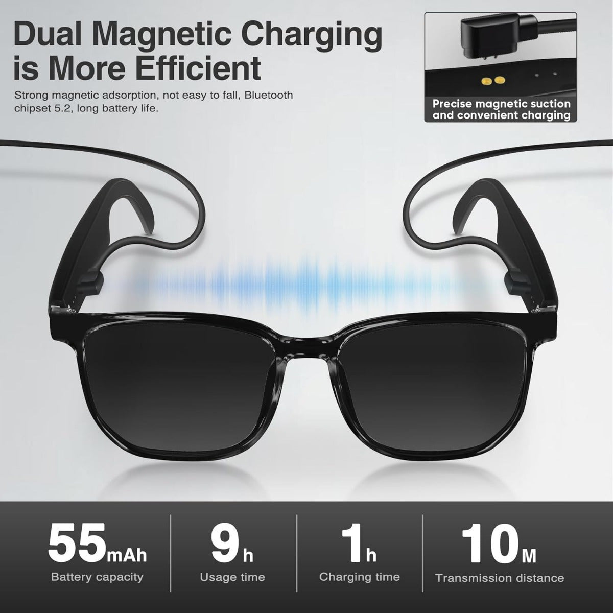 Sunglasses with wireless earbuds on a white background, highlighting dual magnetic charging feature.