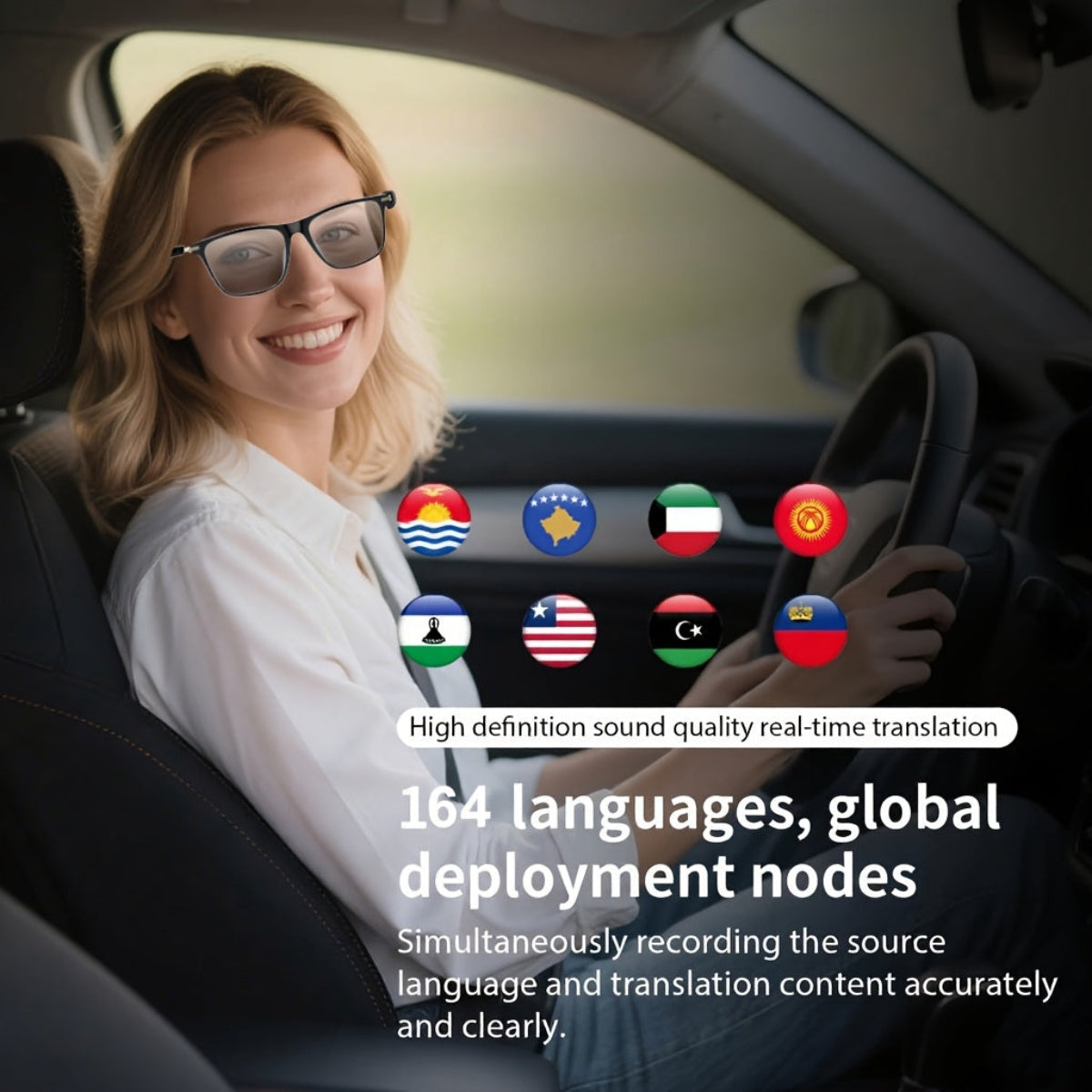 Woman in a car with text about language translation technology