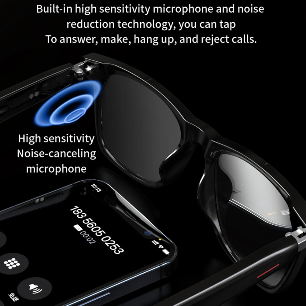 Sunglasses with a built-in high sensitivity microphone and noise reduction technology, displayed with a smartphone showing a call interface.